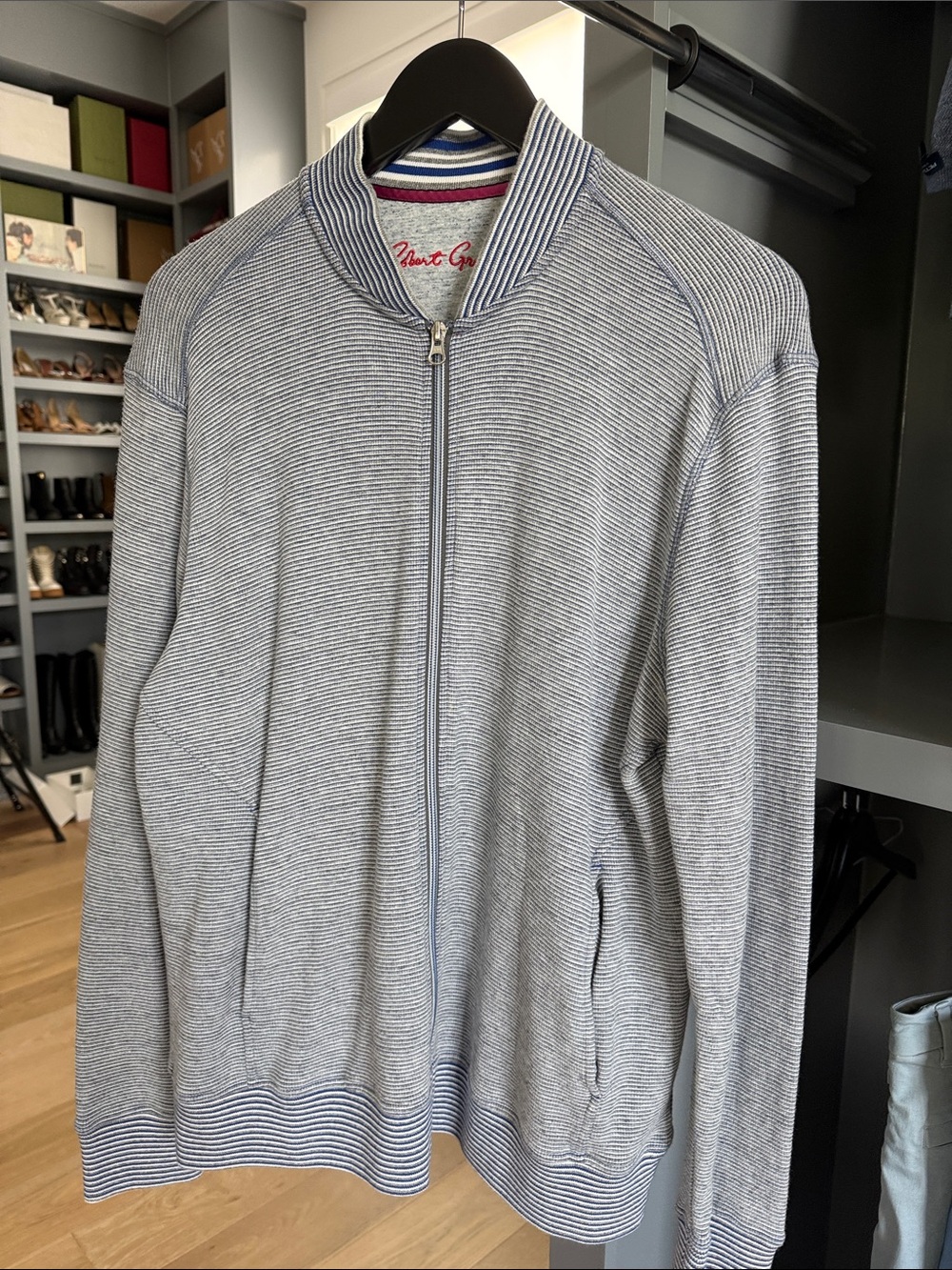 Robert Graham Men's Light Blue and White Micro-Striped Zip Cardigan